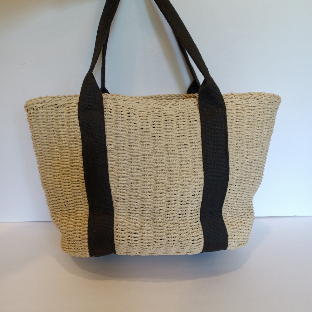 Woven Seagrass Tote Bag with Black Web Handles & Drawstring Lining - Picture 3 of 10